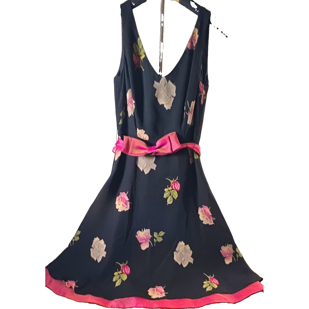 Talbots Black/Pink Floral Chiffon V-Neck Fit & Flare Knee Dress Size 2